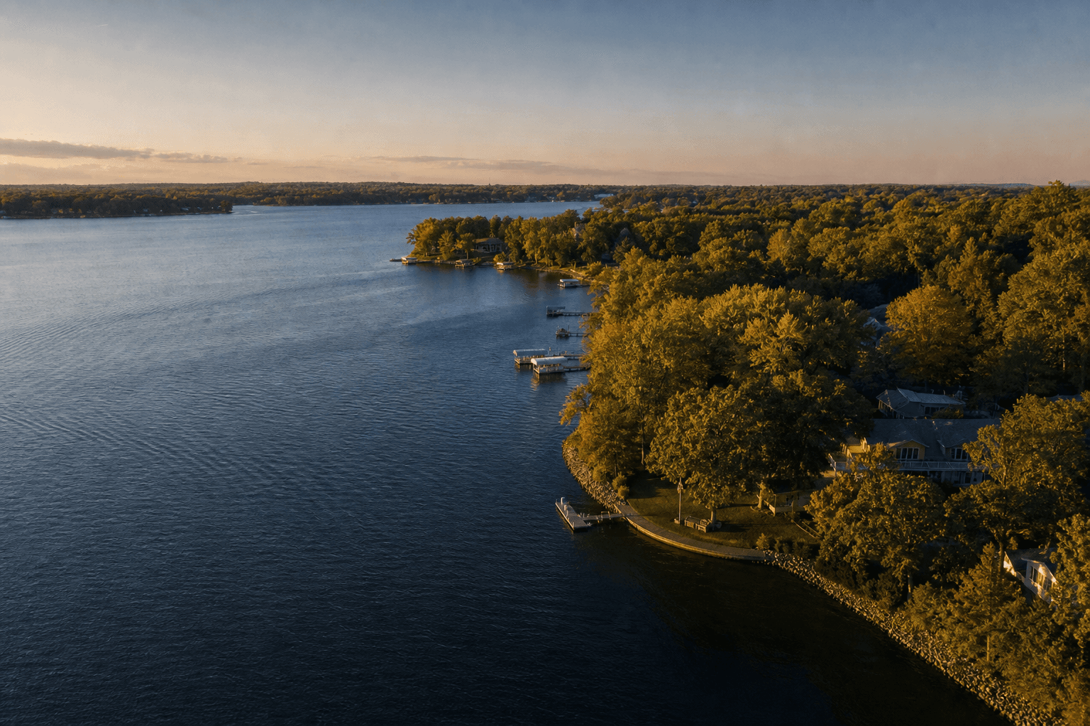 AI-generated illustration of wooded homes beside a lake; not a photograph of a specific Plymouth shoreline