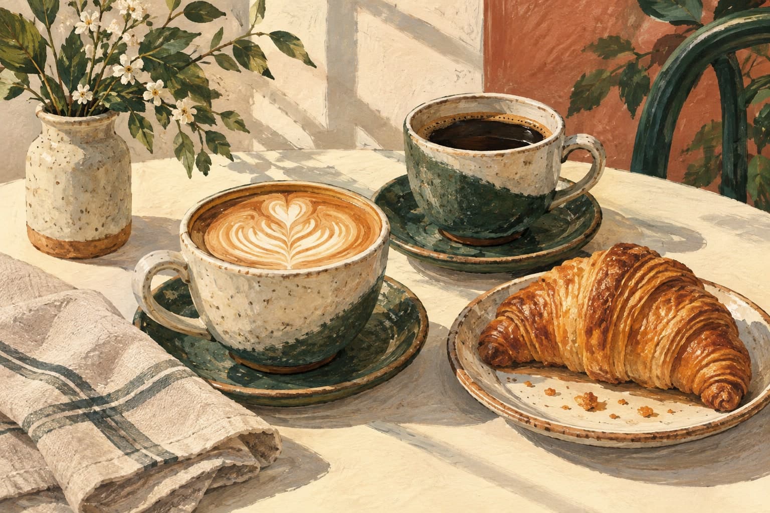 AI-generated editorial illustration of coffee and a croissant in morning light; not a photograph of a featured café