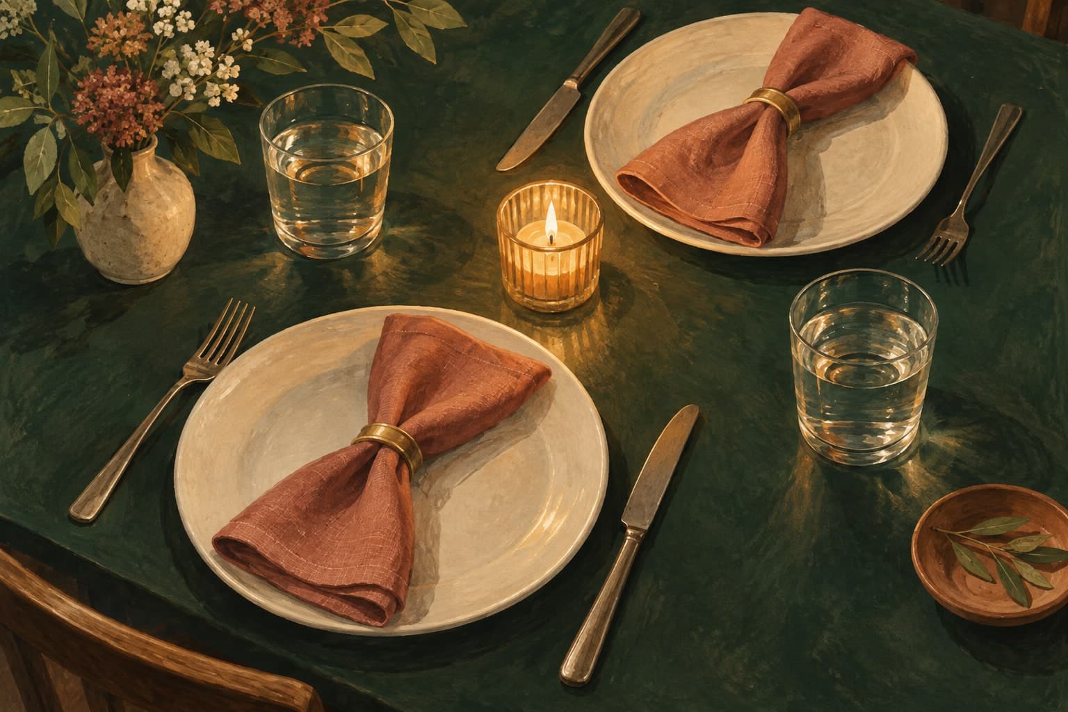 AI-generated editorial illustration of a candlelit table set for two; not a photograph of a featured restaurant