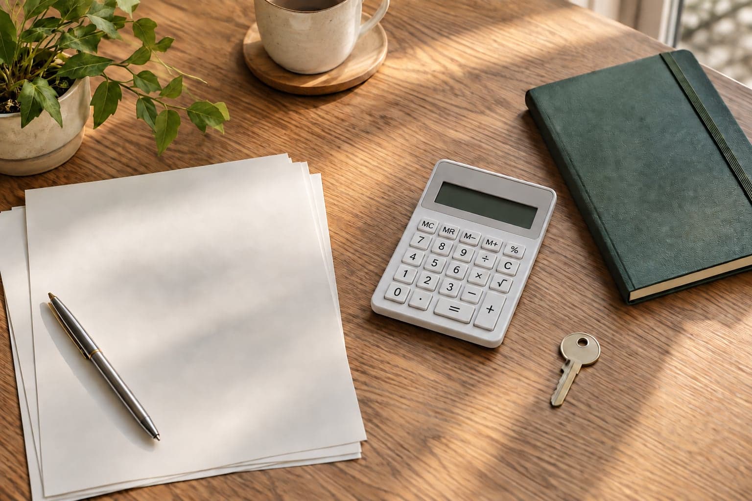 AI-generated editorial illustration of a calculator, paperwork, house key, and notebook; not an actual property record.