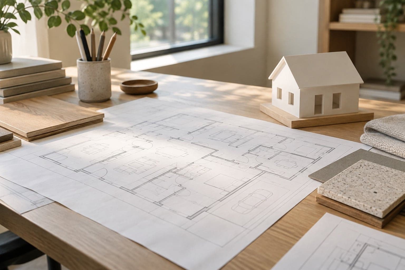 AI-generated editorial illustration of a house model, architectural drawings, and material samples; not a real development plan.