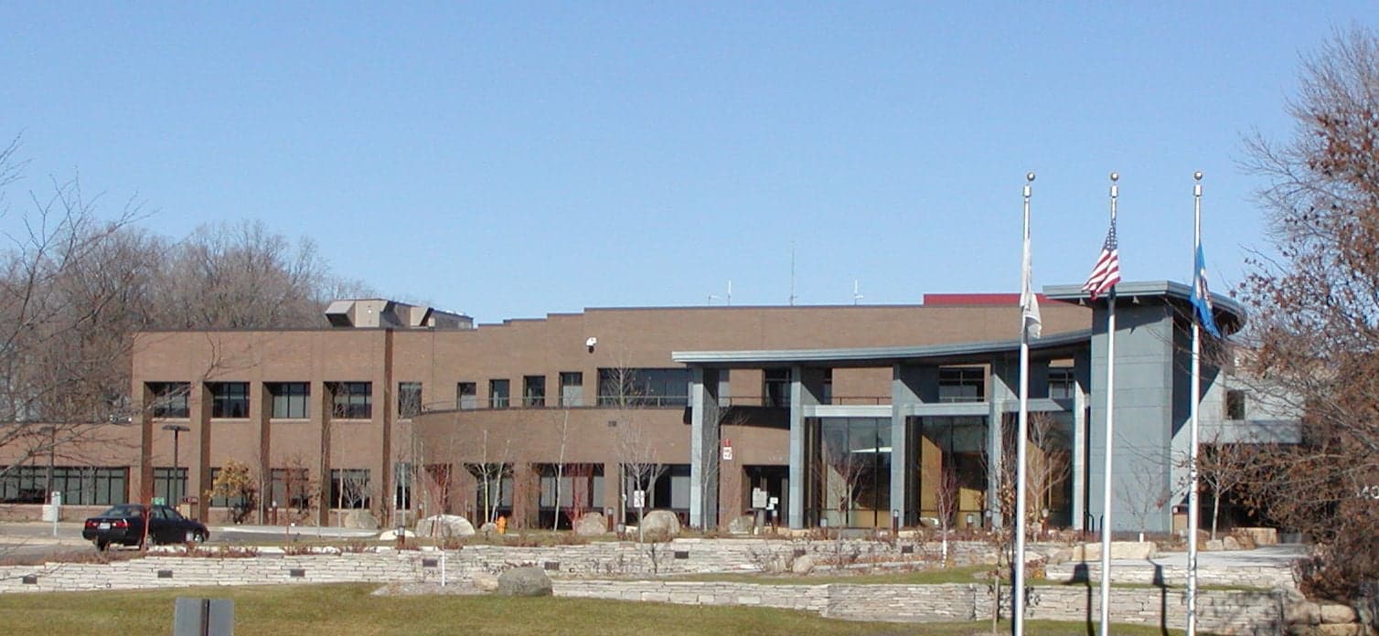 Plymouth City Hall exterior with three flagpoles, photographed in November 2006